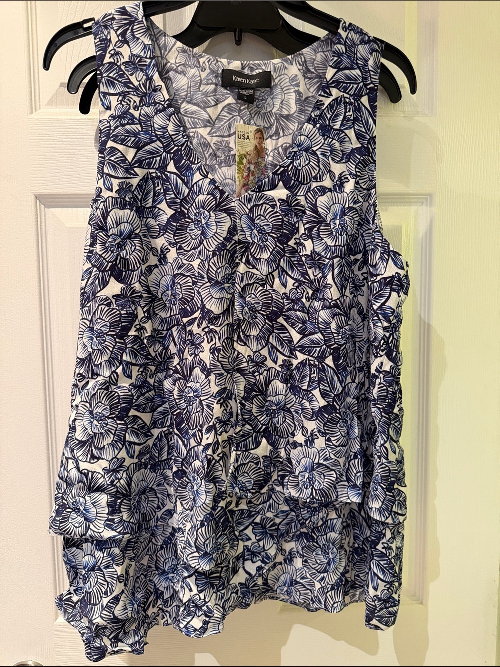 Karen Kane White and Blue Floral Sleeveless V-Neck Camisole